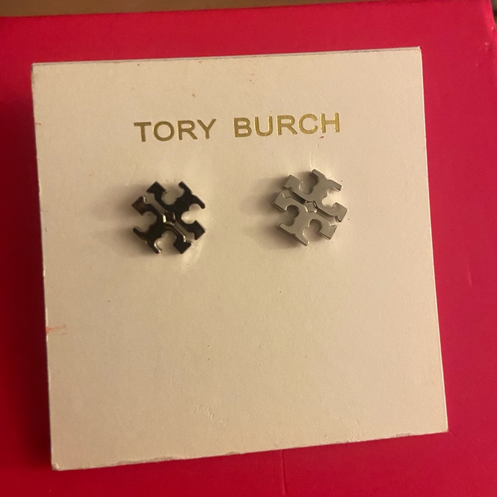 Tory Burch Silver Logo Earrings New Never Worn purchased for $78